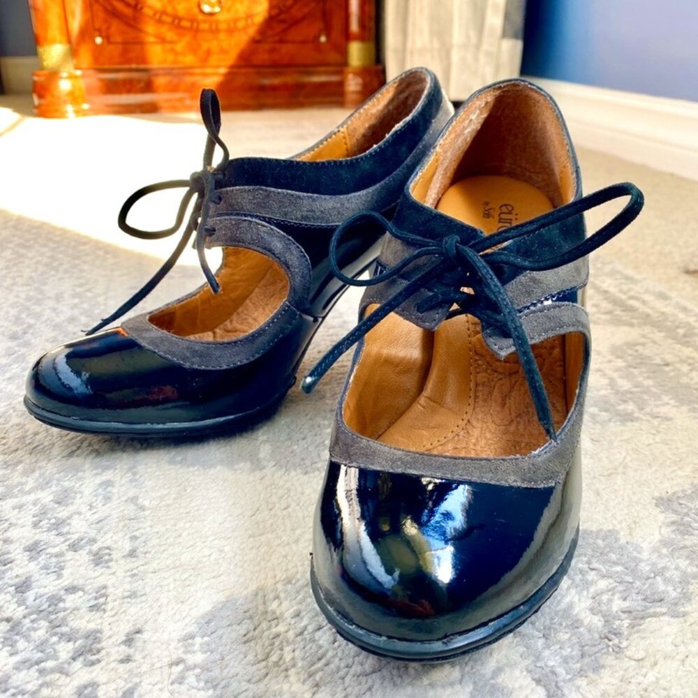 EuroSoft Black Patent Leather and Suede Mary Jane Heels